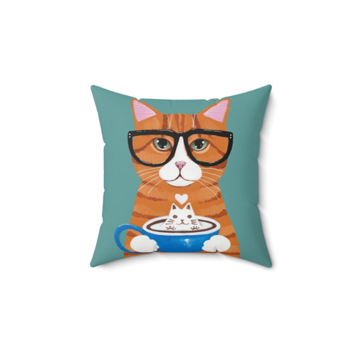 Ginger cat coffee pillow featuring a stylish feline