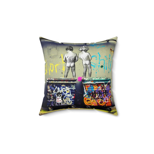 Banksy-inspired throw pillow with colorful graffiti-style slogan
