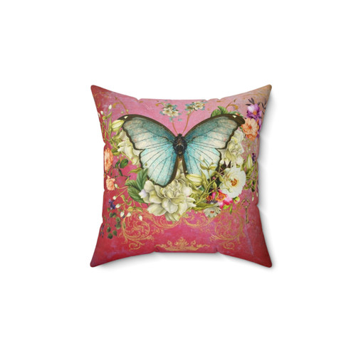 Vintage-inspired raspberry pillow with a beautiful butterfly design