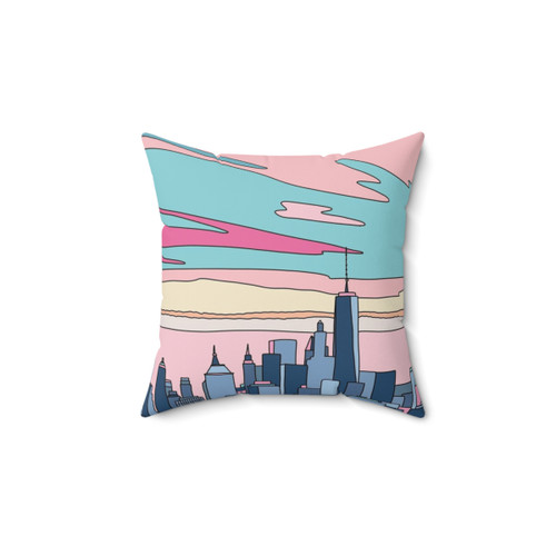 City Sunset Pillow by Elebea featuring a retro, nostalgic cityscape design