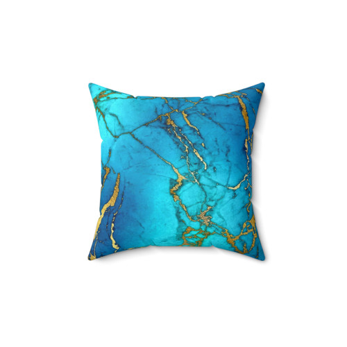Teal Blue Faux Marble and Gold Glitter Veins Decorative Pillow