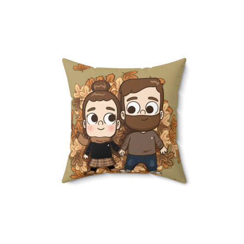 Fall themed throw pillow with couple giggling