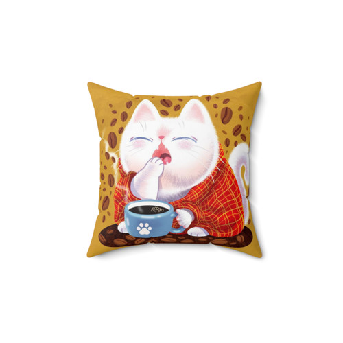 Whimsical Cat and Coffee Pillow