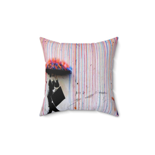 Banksy Rainbow Rain Pillow - Colorful Street Art Design