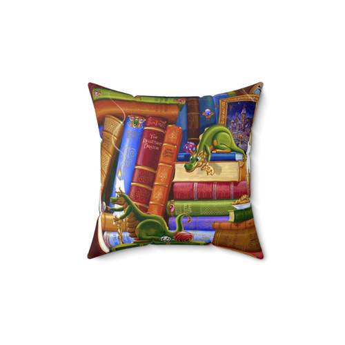 Whimsical fantasy pillow featuring dragons and cookies