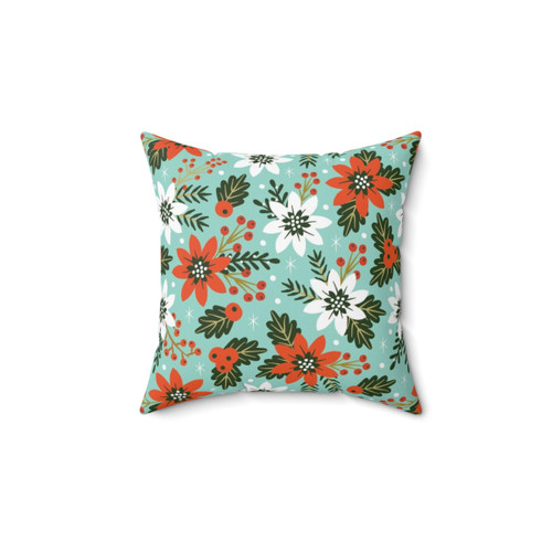 Christmas Floral Pillow with Poinsettias and Holly