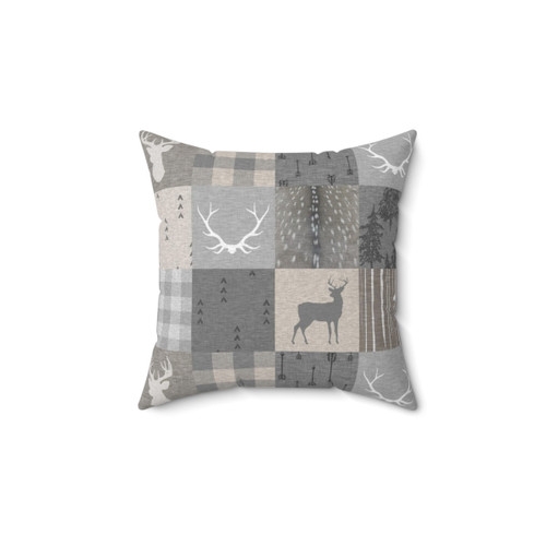 Rustic Woodland Patchwork Pillow in Grey and Beige
