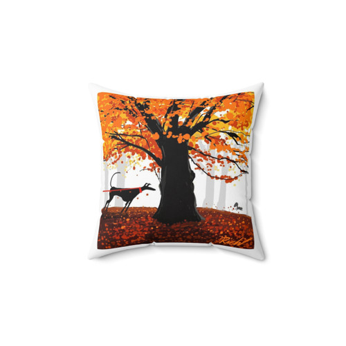 Autumn Oak & Hound Pillow featuring a greyhound, whippet, or lurcher dog and a squirrel in an autumn setting