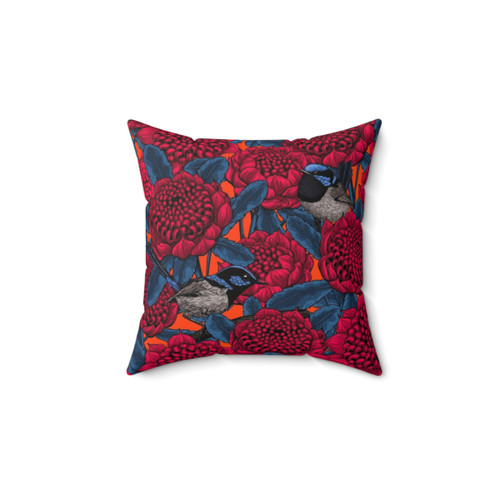 Vibrant Red Waratah Flower and Fairy Wren Bird Decorative Pillow