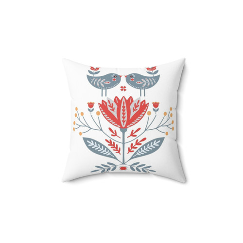 Scandinavian Folk Art Pillow with Birds and Flowers