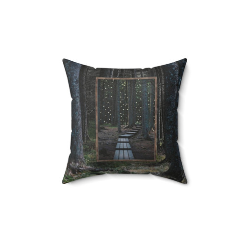 Mirror of the Soul collage art pillow featuring a forest landscape