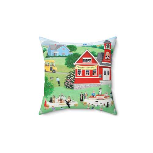 Decorative dog graduation day pillow with folk art style illustration