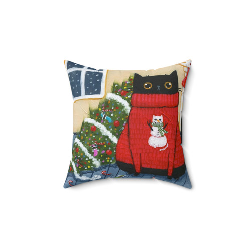 Funny Christmas Cat Pillow with a Black Cat Knocking Over a Christmas Tree