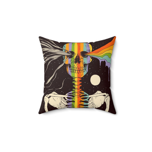 Surreal space skull pillow with stars, moon and rainbow