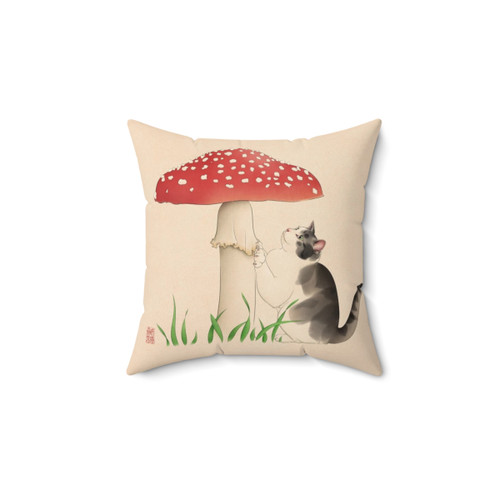 Calming cat with toadstool mushroom pillow for home decor