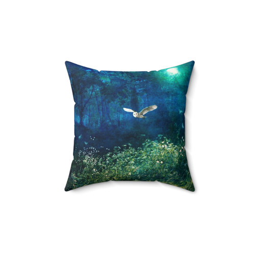 Midsummer Moonlight Pillow featuring a magical forest scene with a barn owl