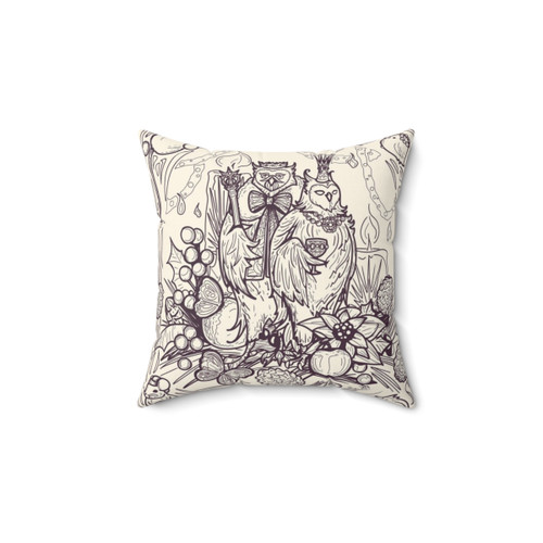 Whimsical owl holiday pillow featuring pine trees and a snowy scene