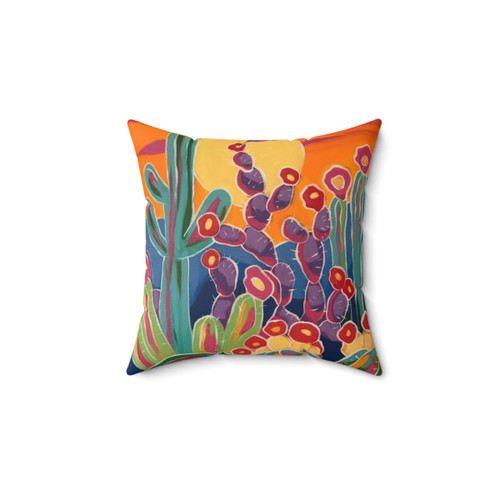 Colorful Southwestern Sunset Pillow with Hummingbird, Cactus, and Blooms