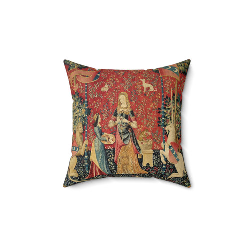 The Lady and the Unicorn decorative pillow featuring a mythical unicorn and floral design