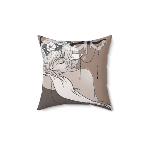 Sleepy forest spirit deer pillow with antlers, black and white design, and beads