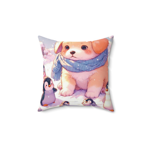 Cute Kawaii Labrador Retriever Pillow with Penguins in Winter Wonderland