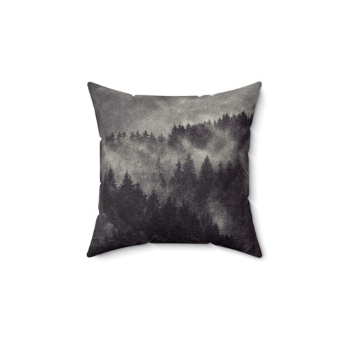 Misty forest pillow featuring a haunting nature photography scene