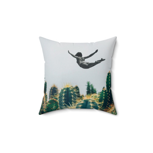 Surreal collage pillow with free falling design
