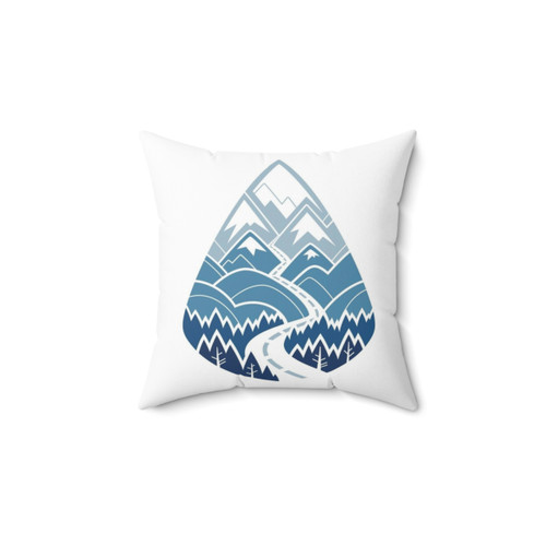Winter Wanderlust Pillow with scenic road, mountains, and forest design
