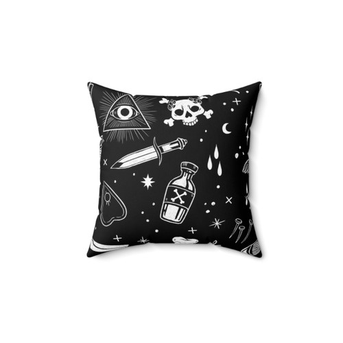 Macabre occult-themed decorative pillow
