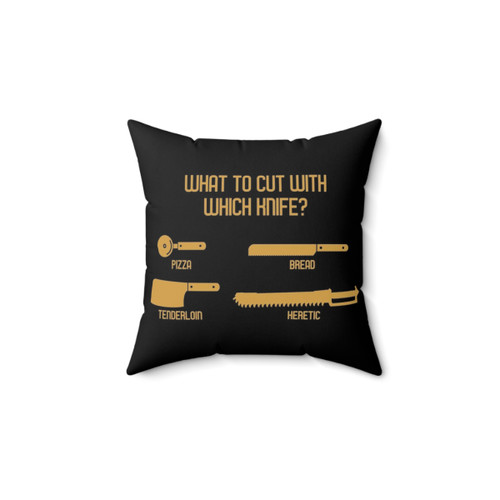Funny wargaming meme pillow with text 'What to Cut with which Knife'