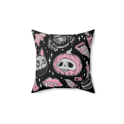 Spooky Halloween Pillow with Pumpkins and Skeletons