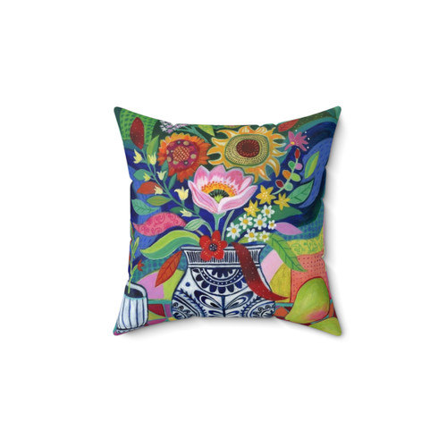Colorful summer blooms accent pillow with floral vase design