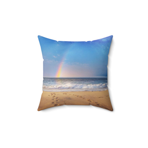 Footprints Beach Pillow with Colorful Sunset and Ocean Scene