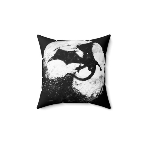 Midnight Desolation Throw Pillow with Splatter, Moon, Dragon and Fire Design