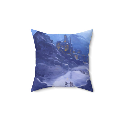 The Arrival Pillow with fantasy snow castle mountain design