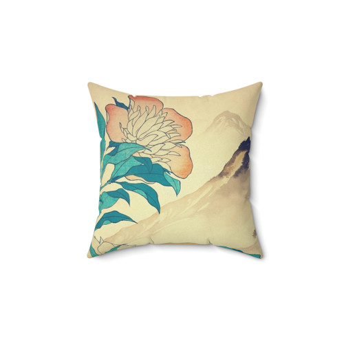 Nature Landscape Pillow with Mountains, Flowers, and Vintage Japanese Design