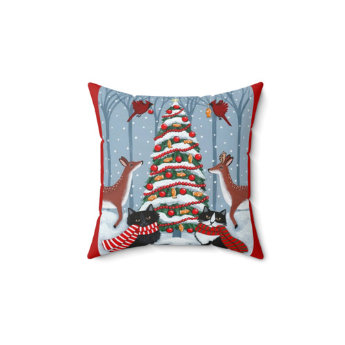 Whimsical Christmas tree pillow featuring woodland cats