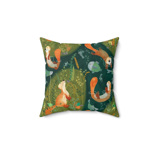 Playful otters swimming in a river with fish and butterflies