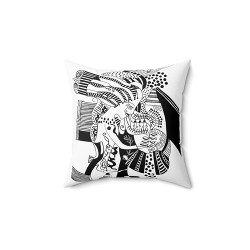 Artistic woman with cat pillow featuring a creative, textured design