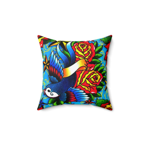 Traditional Swallow and Rose Tattoo Pillow