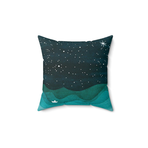 Starry Ocean Teal Sailboat Watercolor Pillow