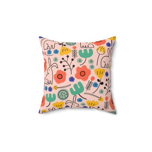 Floral Garden Throw Pillow with Flowers, Bunny, and Leaves