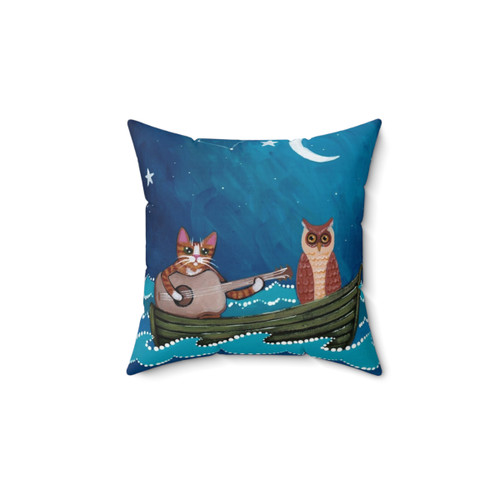 Whimsical The Owl and the Pussycat Pillow featuring a cat and owl in a boat under the moon