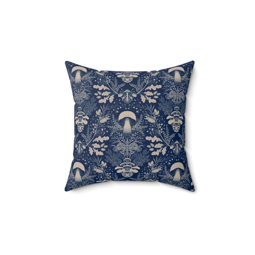 Mushrooms Forest Damask Navy Blue Beige Pillow