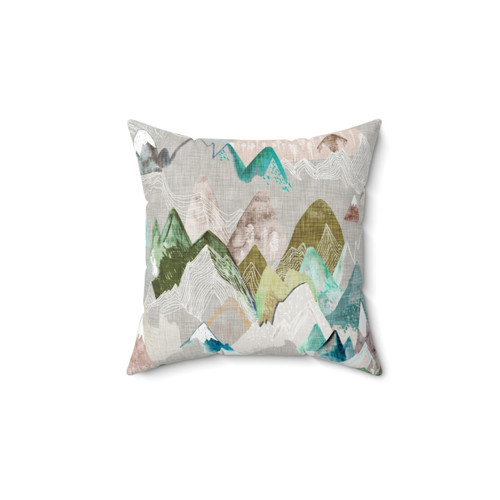 Mountain Mist Pillow featuring a serene watercolor landscape