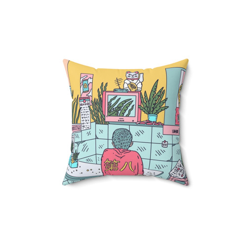 Vibrant Asian Neon Pillow with Lucky Cat and Plants