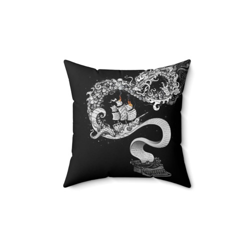 Surreal Imagination Pillow with dragon, ship, fire, and collage design