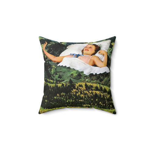 Surreal Collage Art Pillow with Rising Mountain Design
