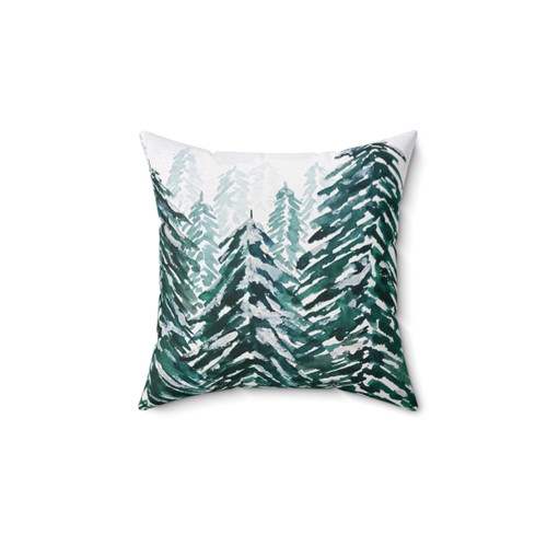 Hand Painted Snowy Pine Forest Green Pillow