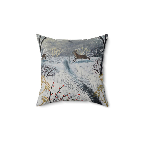 Soft, snow-covered pillow with a beautiful winter landscape and deer design